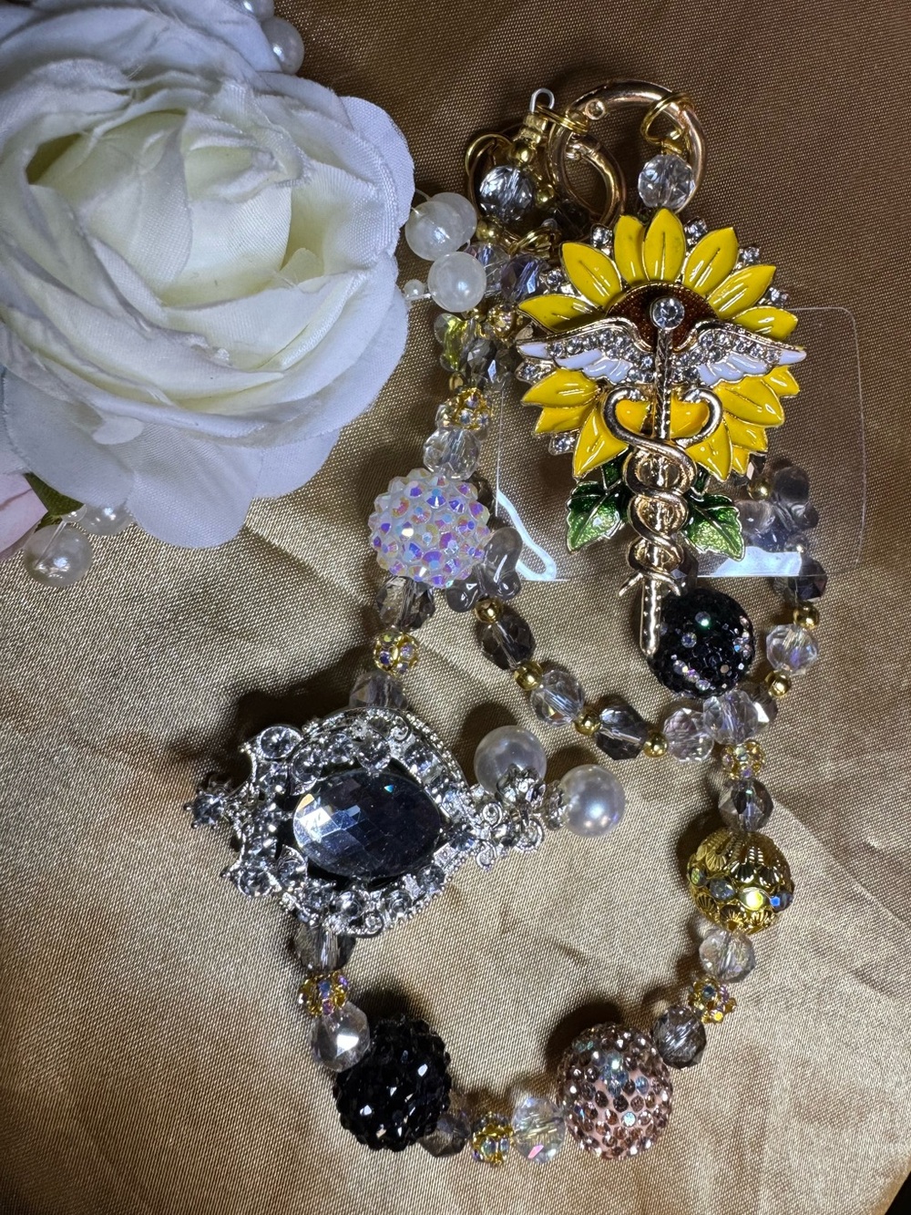 Yellow Sunflower Caduceus Charm Statement Keychain-Purse Chain